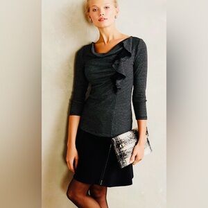 Anthropologie Deletta Black & Gray Striped Ophelia Ruffle & Lace Knit Top Size M